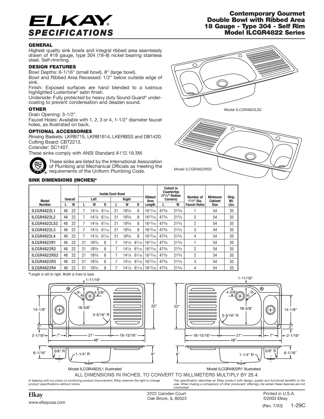 Elkay ILCGR4822R4 specifications General, Design Features, Other, Optional Accessories, Sink Dimensions Inches 