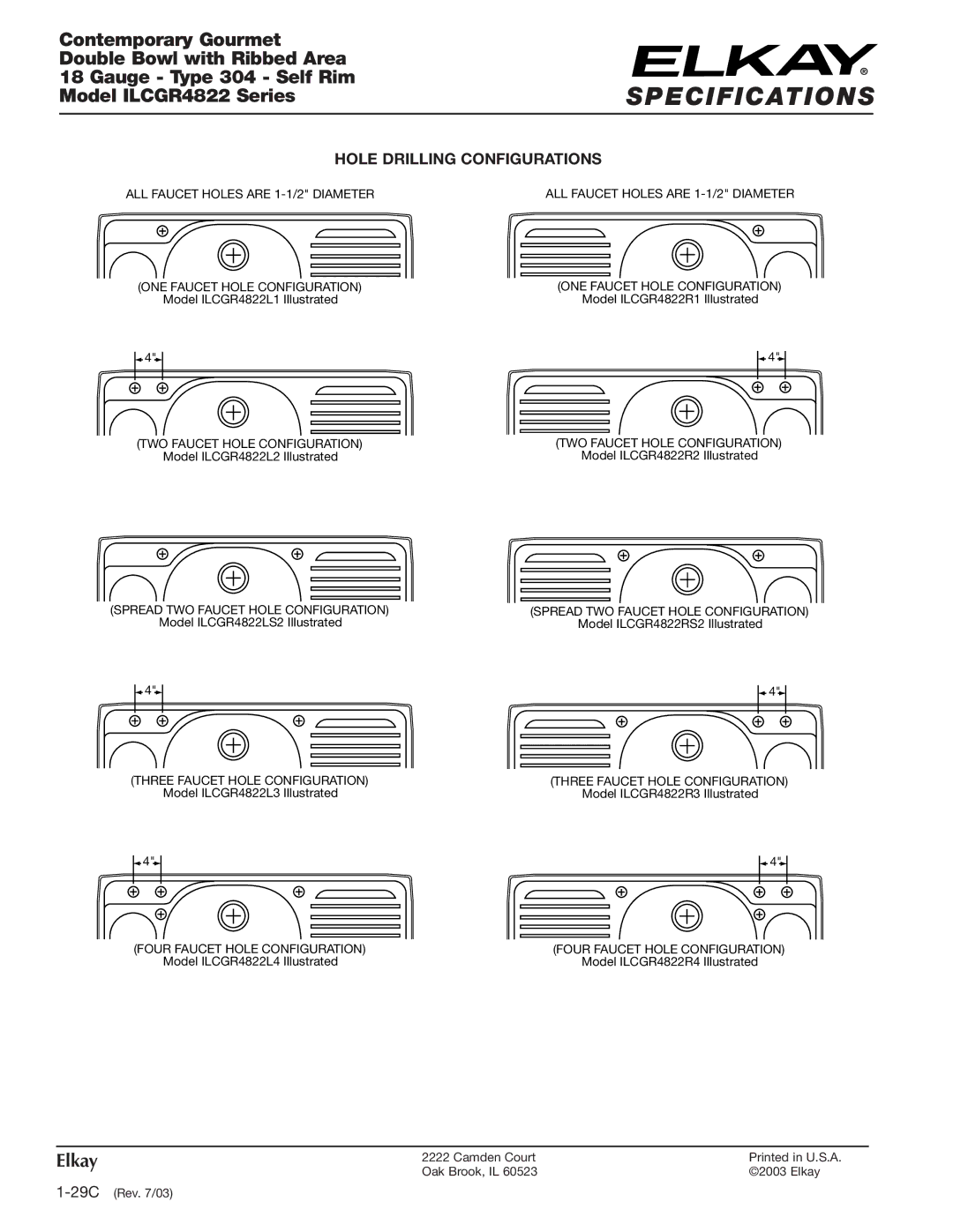 Elkay ILCGR4822R3, ILCGR4822R1, ILCGR4822R4, ILCGR4822RS2, ILCGR4822LS2, ILCGR4822L3, ILCGR4822L4 Hole Drilling Configurations 