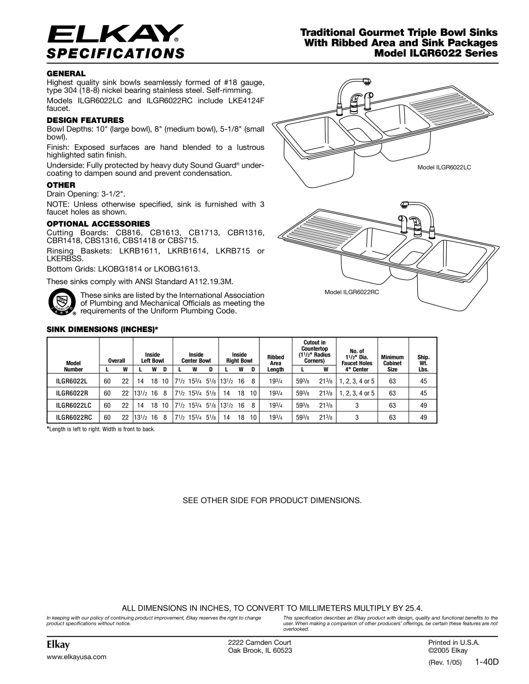 Elkay specifications Specifications, Traditional Gourmet Triple Bowl Sinks, Model ILGR6022 Series, Elkay 