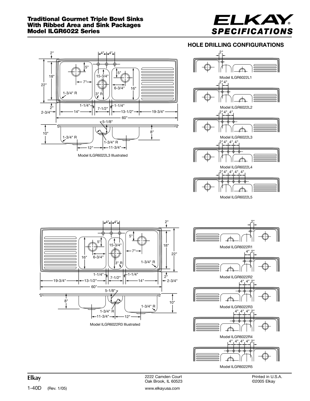 Elkay ILGR6022 Series specifications Hole Drilling Configurations 