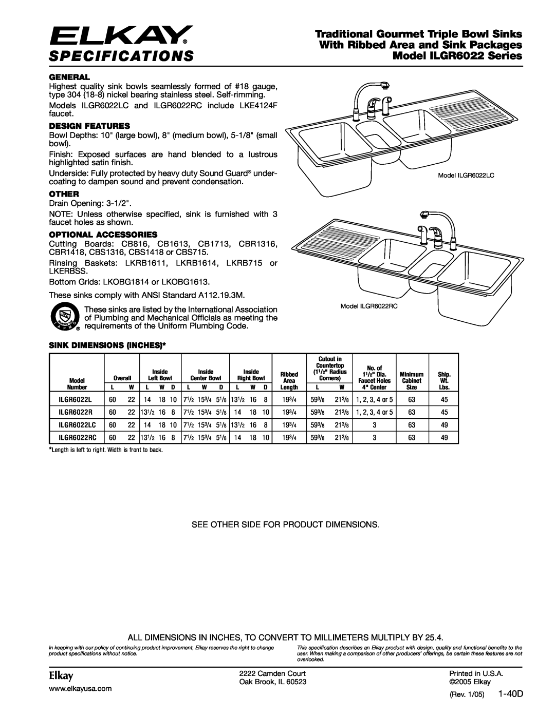 Elkay specifications Specifications, Traditional Gourmet Triple Bowl Sinks, Model ILGR6022 Series, Elkay, 1-40D, Other 