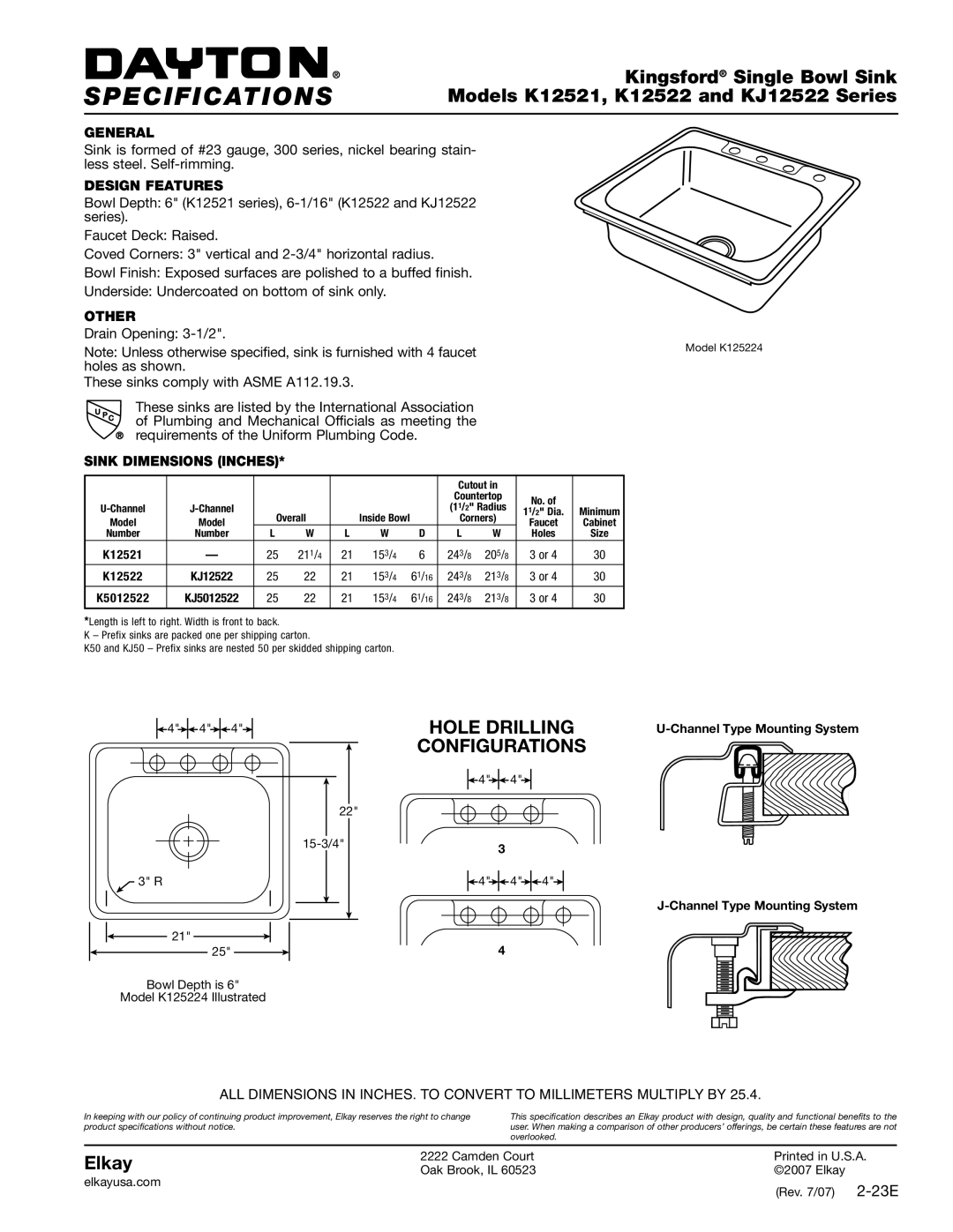 Elkay K12521, KJ12522, K12522 specifications Specifications, Hole Drilling, Configurations 