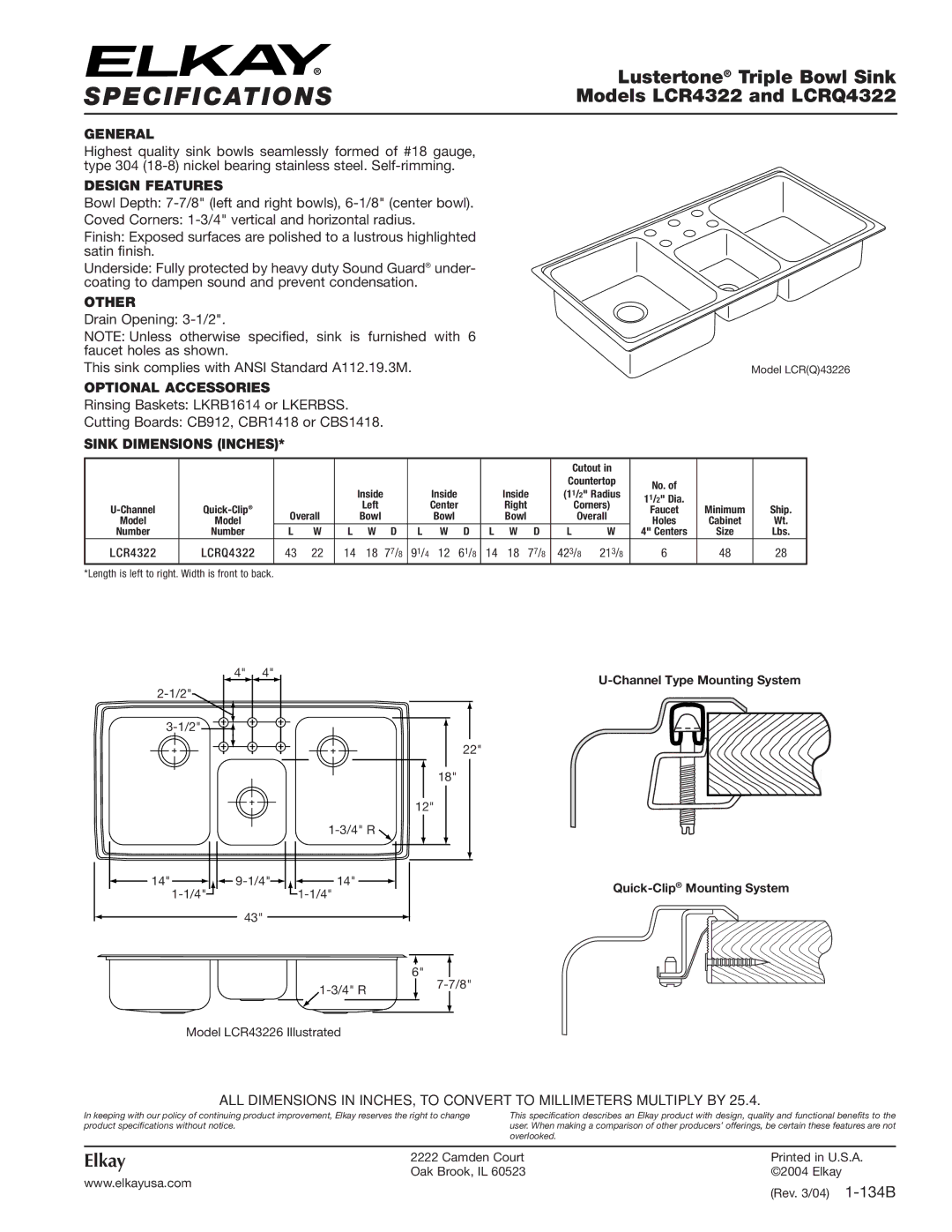 Elkay specifications Specifications, Lustertone Triple Bowl Sink, Models LCR4322 and LCRQ4322, Elkay 