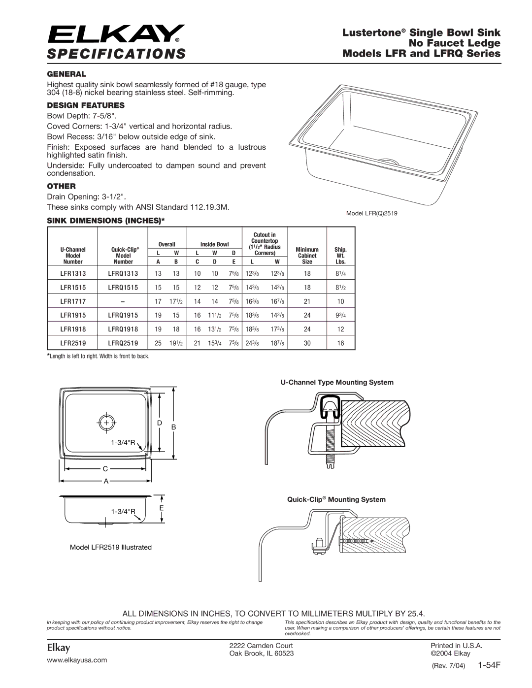 Elkay LFRQ1313 specifications Specifications, Lustertone Single Bowl Sink, No Faucet Ledge, Models LFR and Lfrq Series 