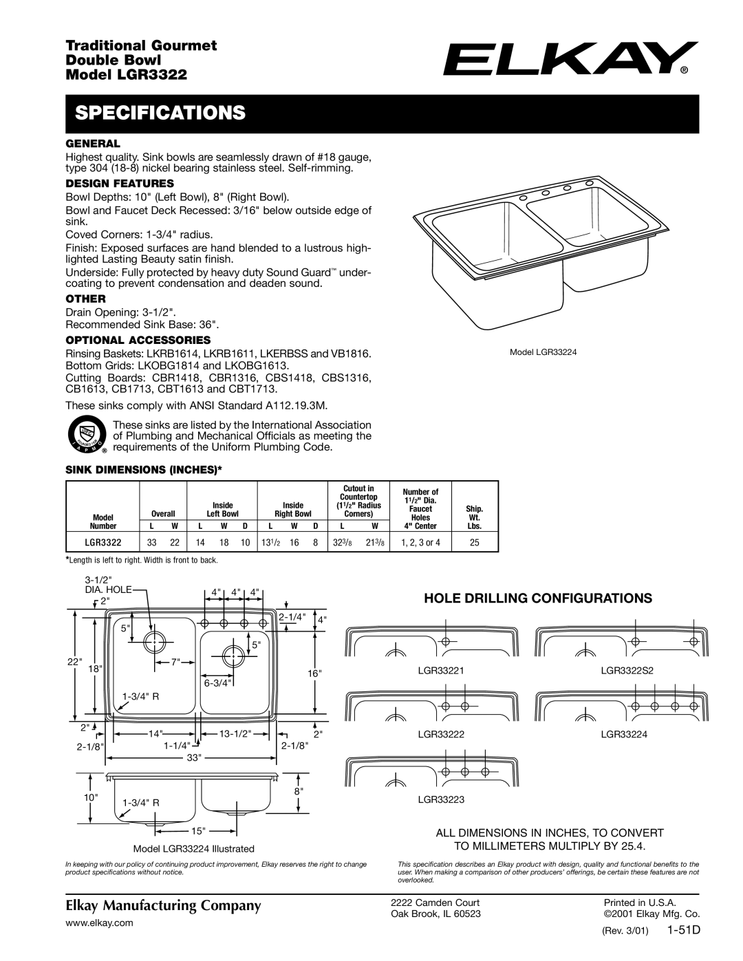 Elkay LGR3322 specifications Specifications, Hole Drilling Configurations 