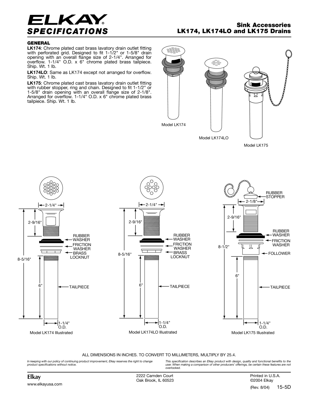 Elkay specifications Specifications, Sink Accessories, LK174, LK174LO and LK175 Drains, Elkay, General 