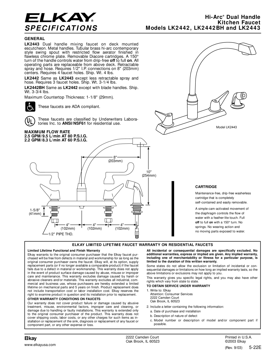 Elkay specifications Specifications, Hi-Arc Dual Handle, Kitchen Faucet, Models LK2442, LK2442BH and LK2443, Elkay 