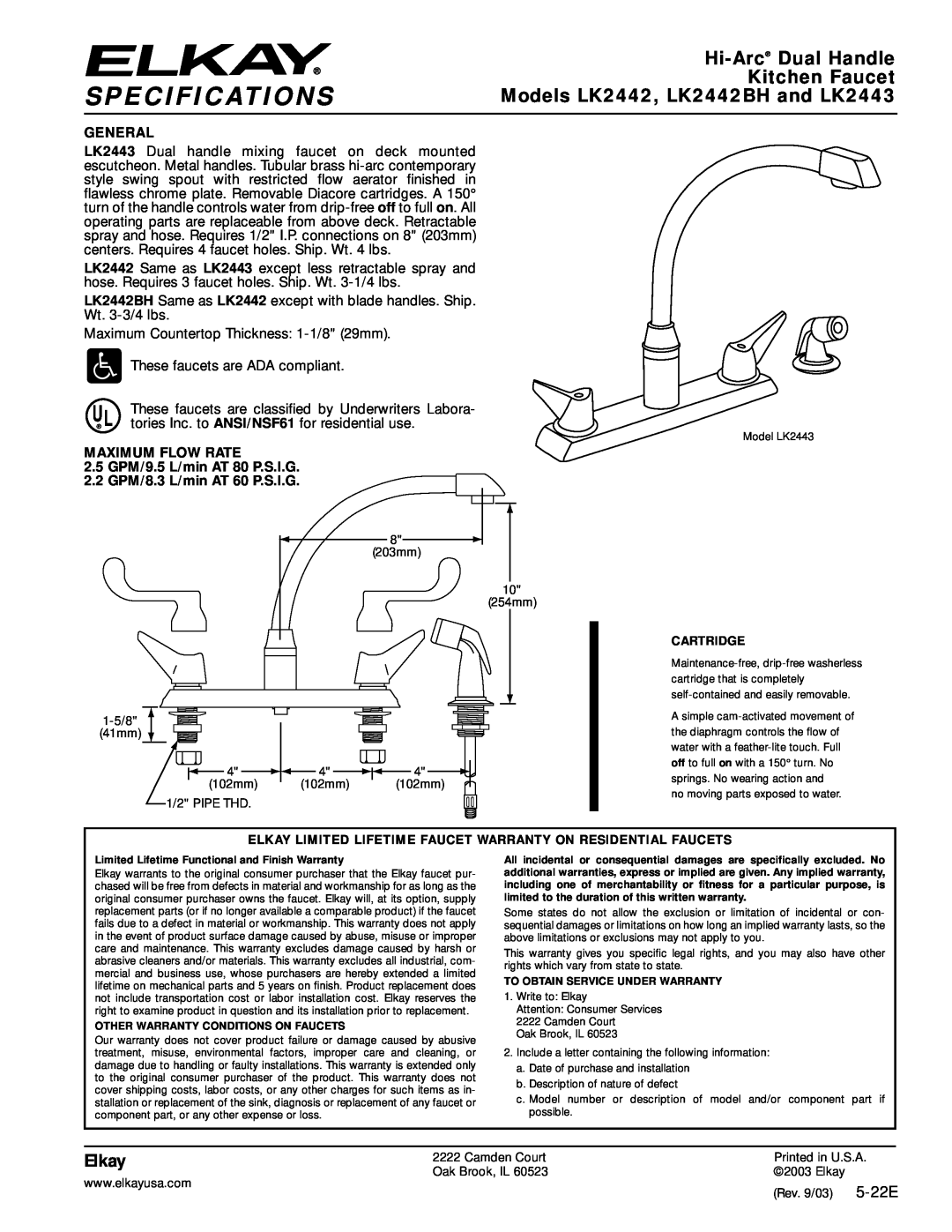 Elkay specifications Specifications, Hi-Arc Dual Handle, Kitchen Faucet, Models LK2442, LK2442BH and LK2443, Elkay 