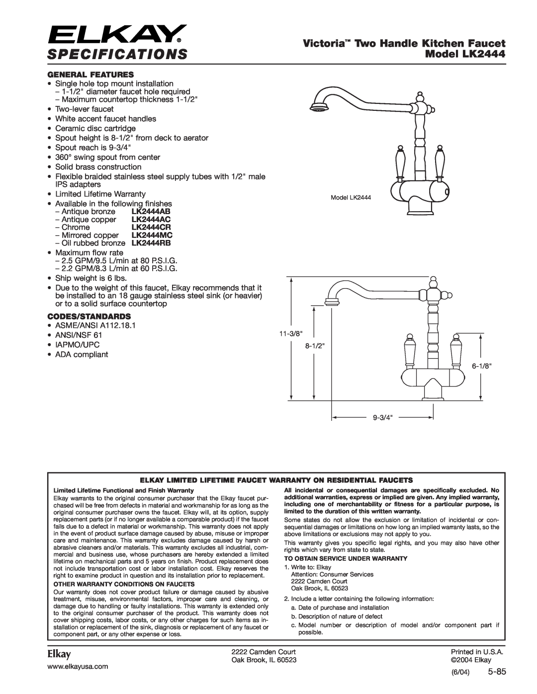 Elkay LK2444AC specifications Specifications, Victoria Two Handle Kitchen Faucet, Model LK2444, Elkay, 5-85, LK2444AB 