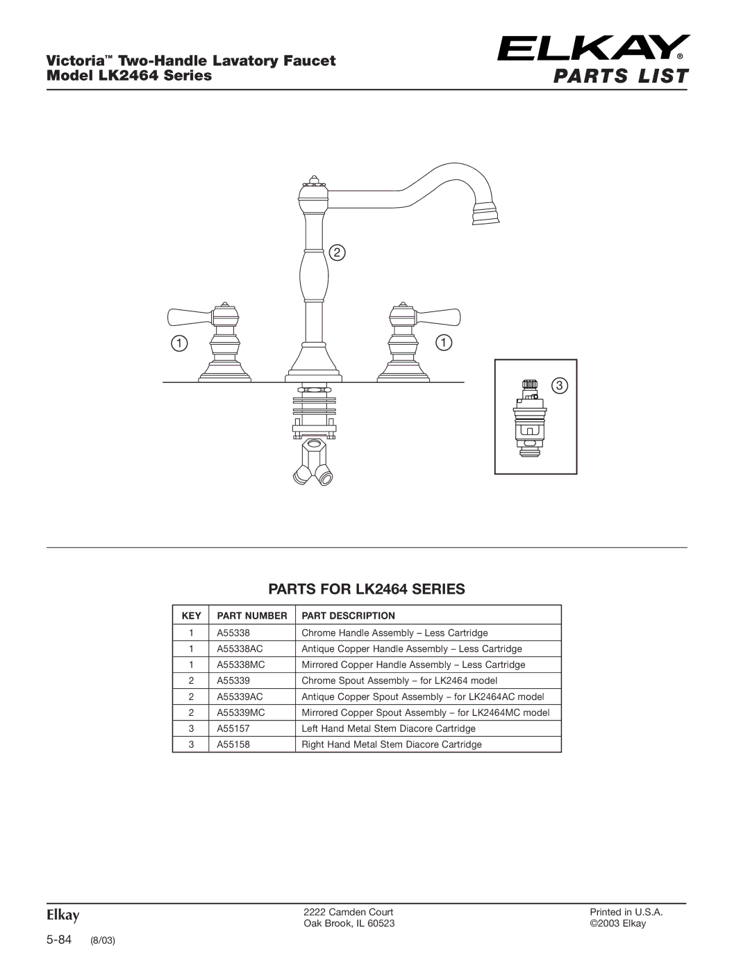 Elkay specifications Parts List, Parts for LK2464 Series 