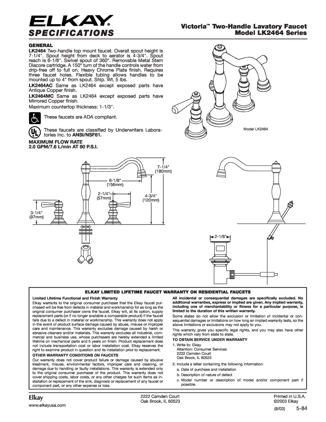Elkay specifications Specifications, Victoria Two-HandleLavatory Faucet, Model LK2464 Series, Elkay, 5-84, General 