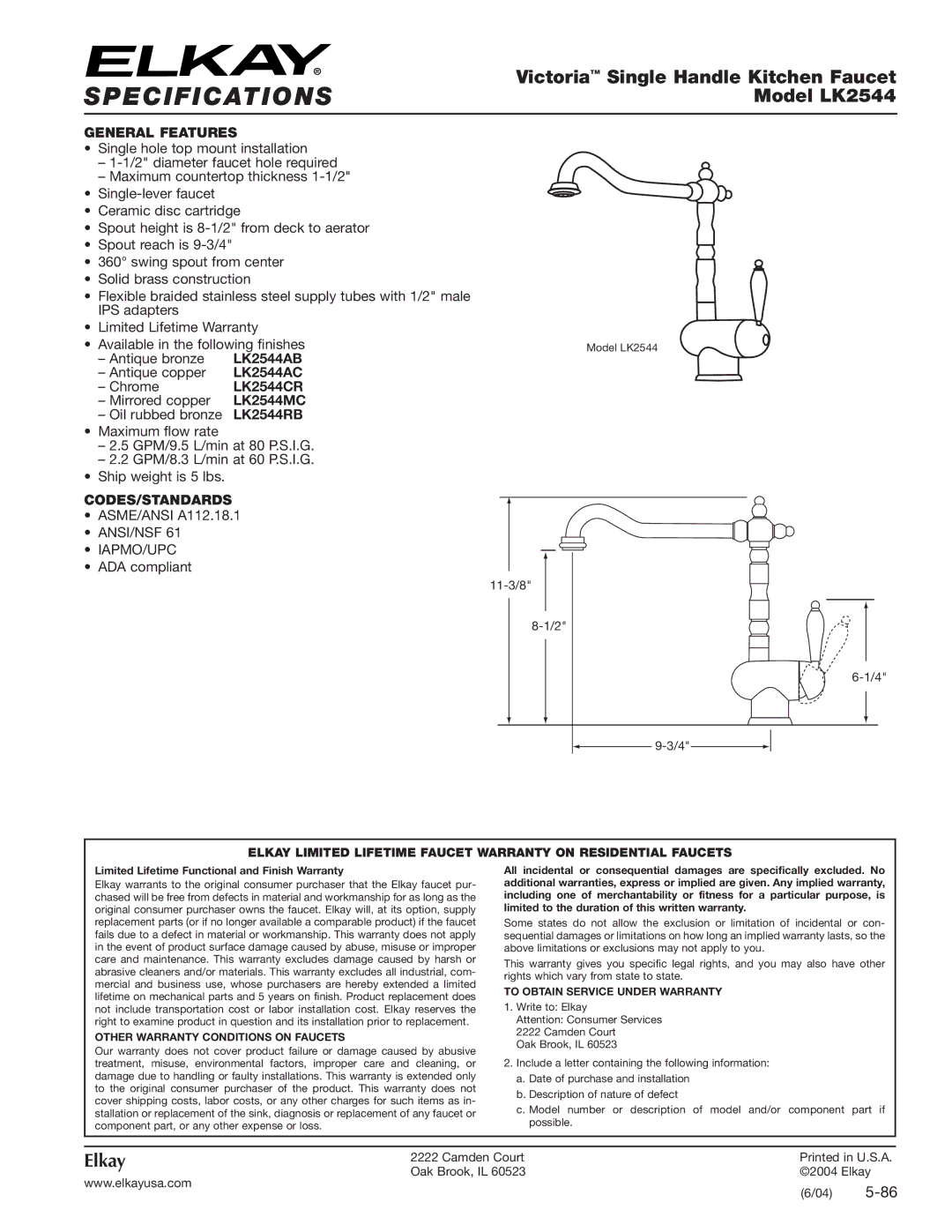 Elkay LK2544RB specifications General Features, Codes/Standards, Other Warranty Conditions on Faucets 