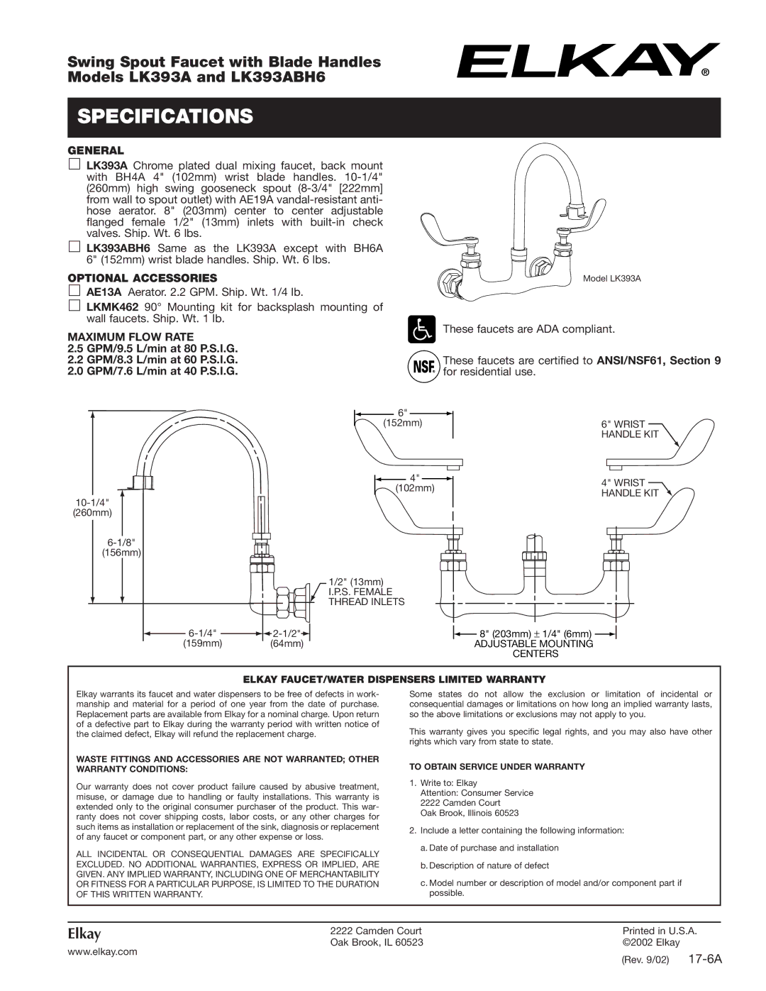 Elkay LK393ABH6 specifications Specifications, General, Optional Accessories, Maximum Flow Rate 