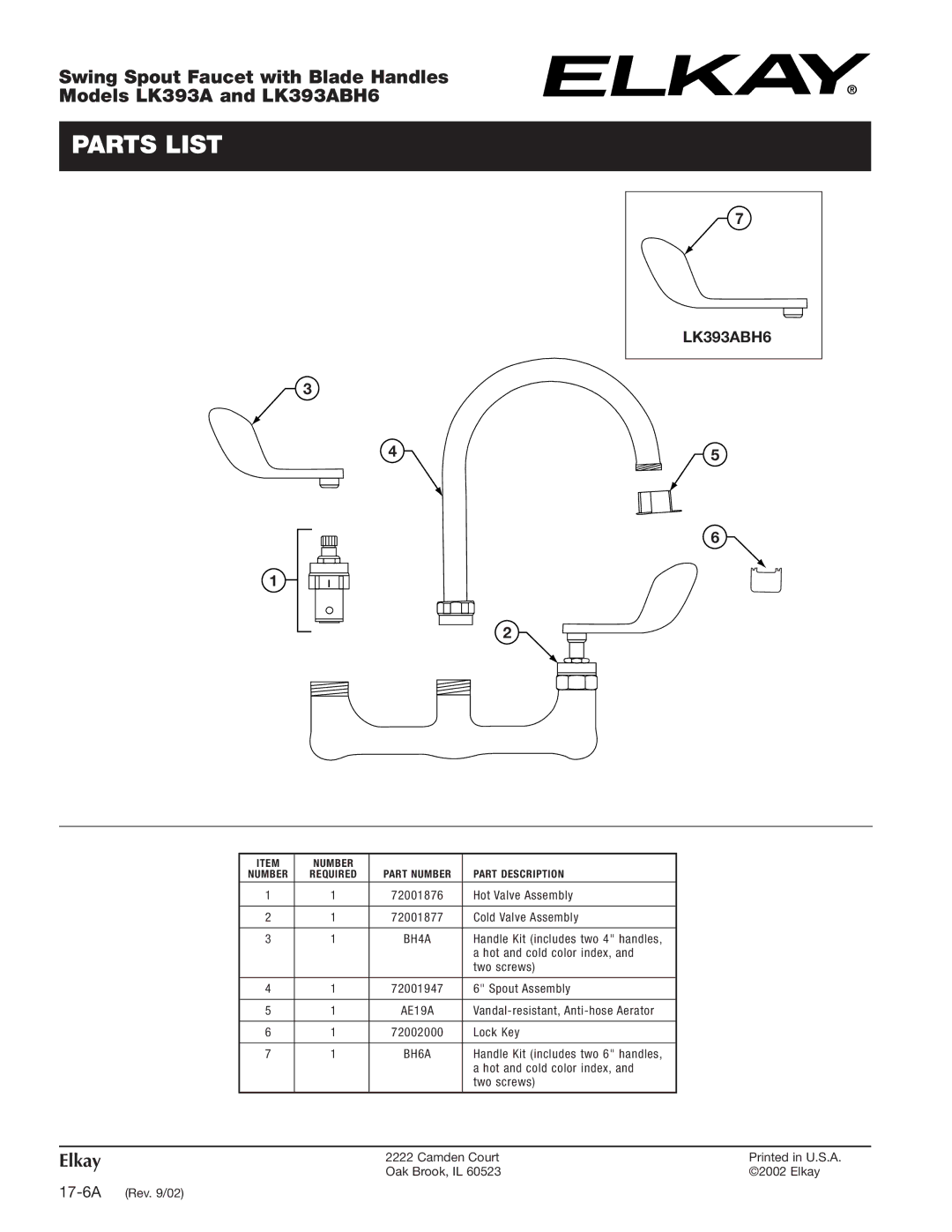 Elkay specifications Parts List, LK393ABH6 