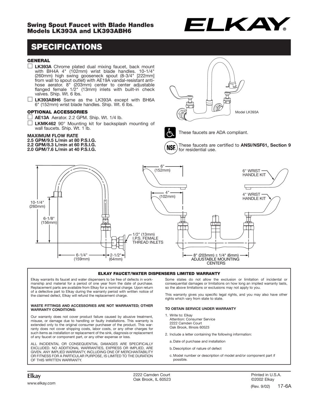 Elkay specifications Specifications, Swing Spout Faucet with Blade Handles, Models LK393A and LK393ABH6, Elkay, 17-6A 