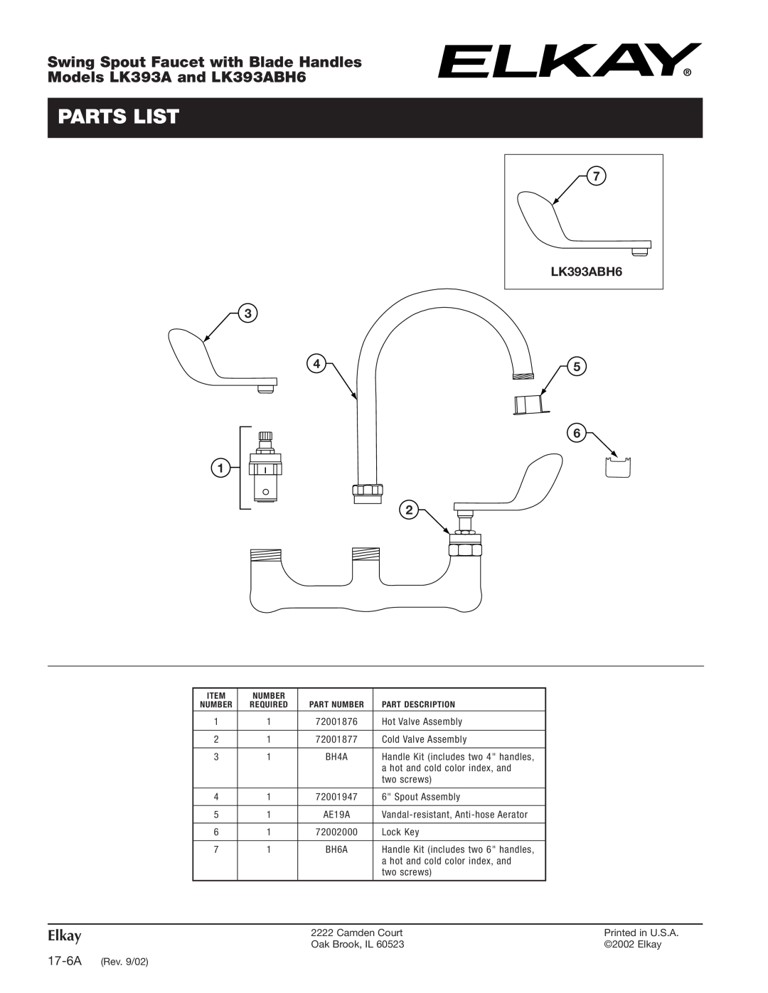 Elkay specifications Parts List, Swing Spout Faucet with Blade Handles, Models LK393A and LK393ABH6, Elkay 