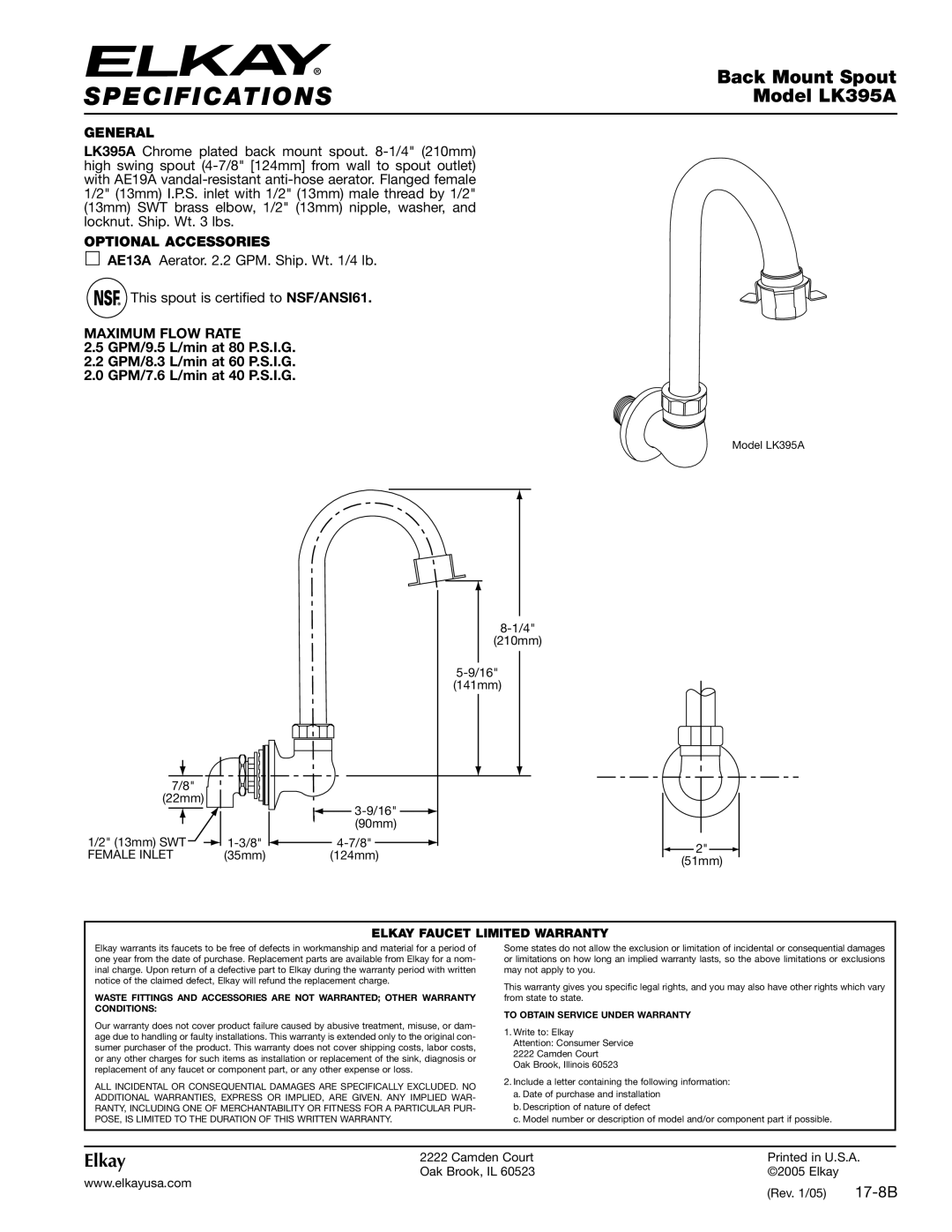 Elkay specifications Specifications, Back Mount Spout, Model LK395A, Elkay 