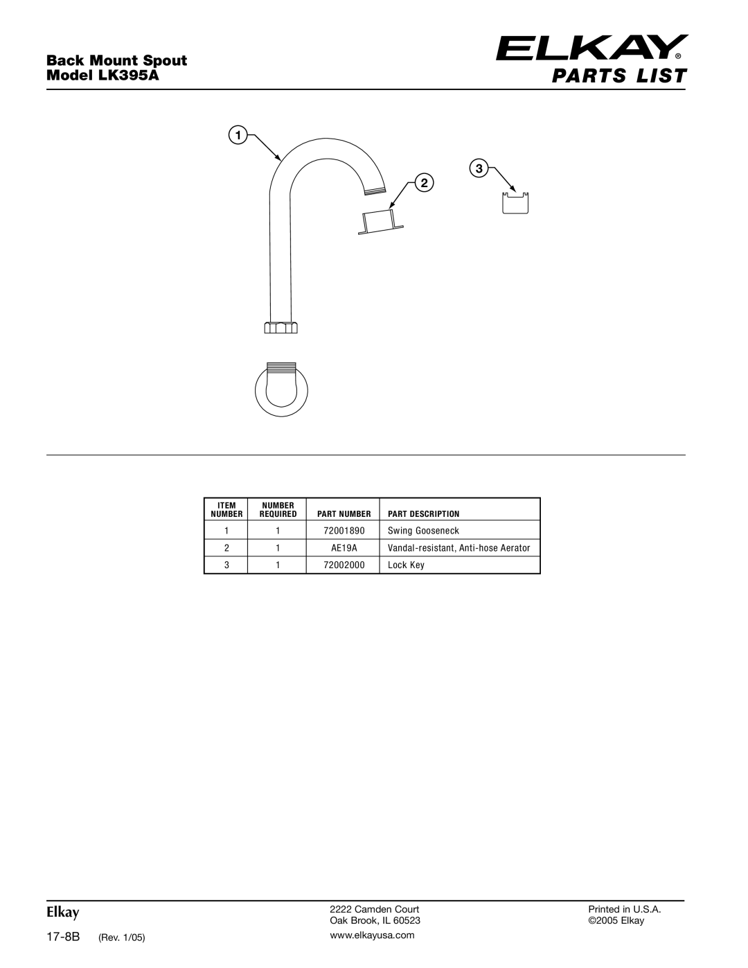 Elkay LK395A specifications Parts List 