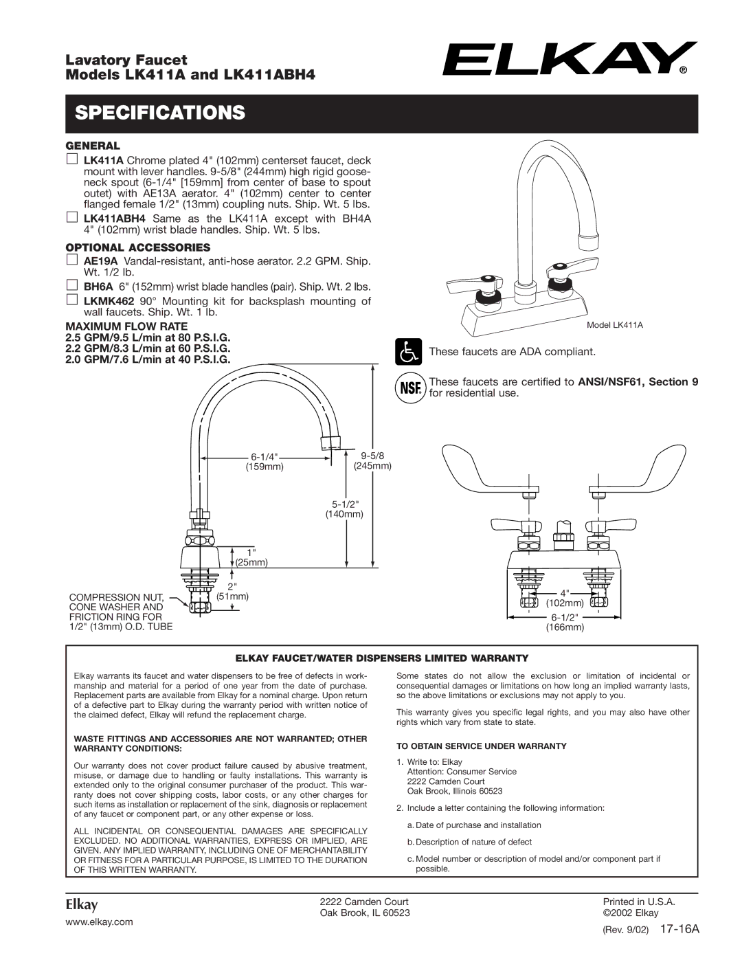 Elkay LK411ABH4 specifications Specifications, General, Optional Accessories, Maximum Flow Rate 