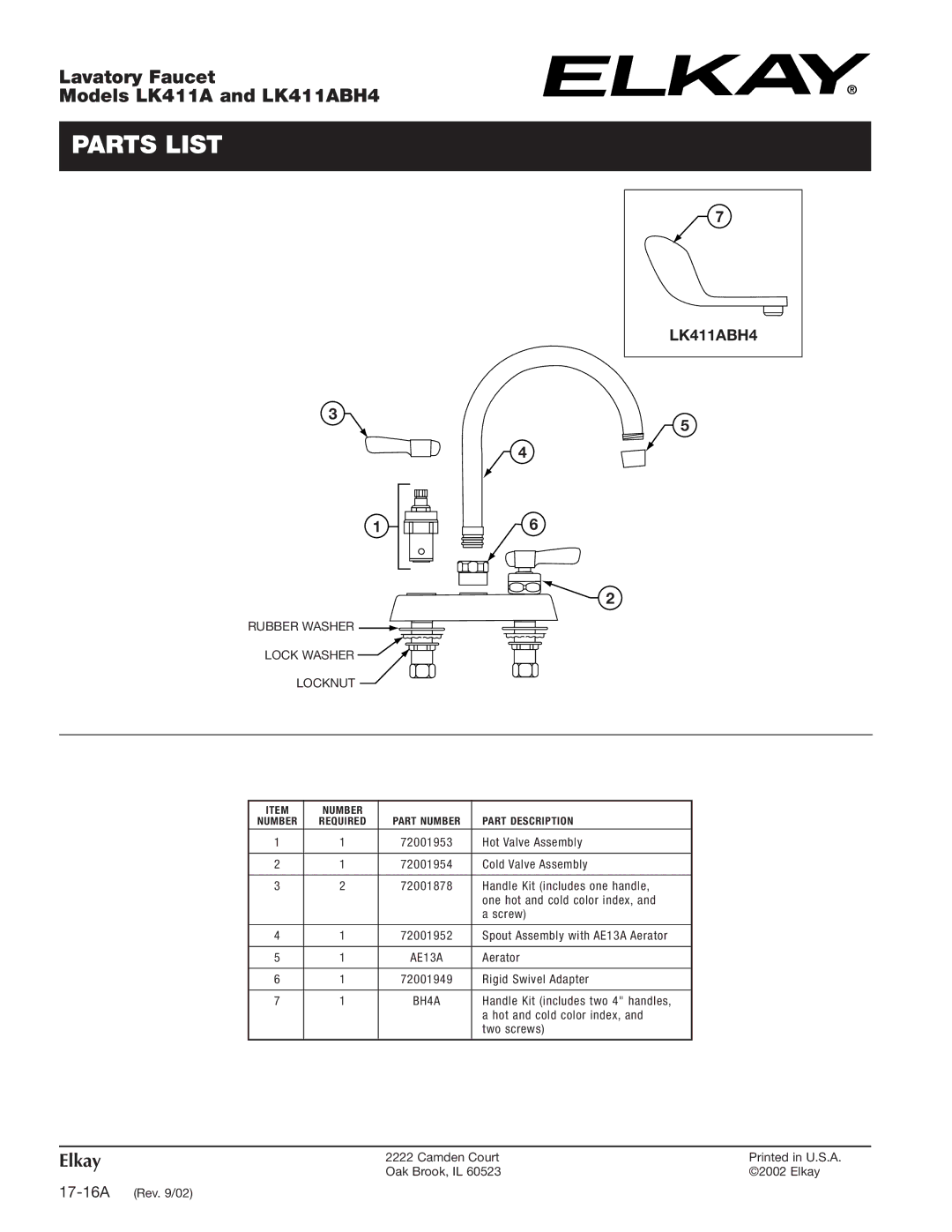 Elkay LK411ABH4 specifications Parts List, Rubber Washer Lock Washer Locknut 