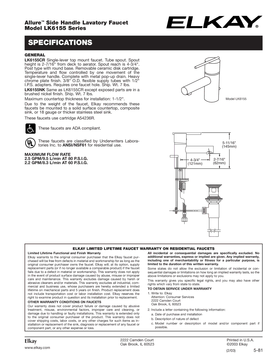 Elkay LK6155 Series specifications Specifications, General, Maximum Flow Rate 