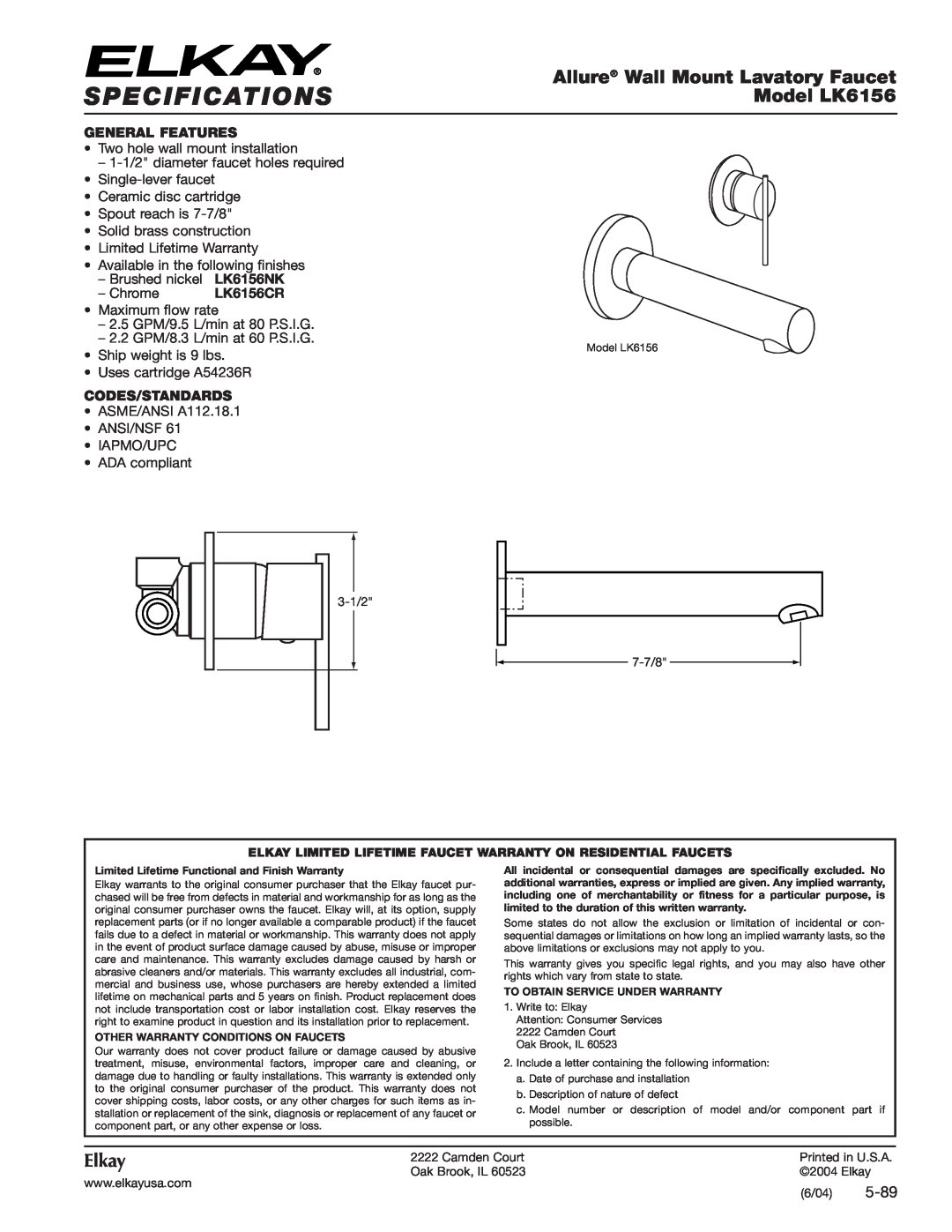 Elkay LK6156CR specifications Specifications, Allure Wall Mount Lavatory Faucet, Model LK6156, Elkay, 5-89 