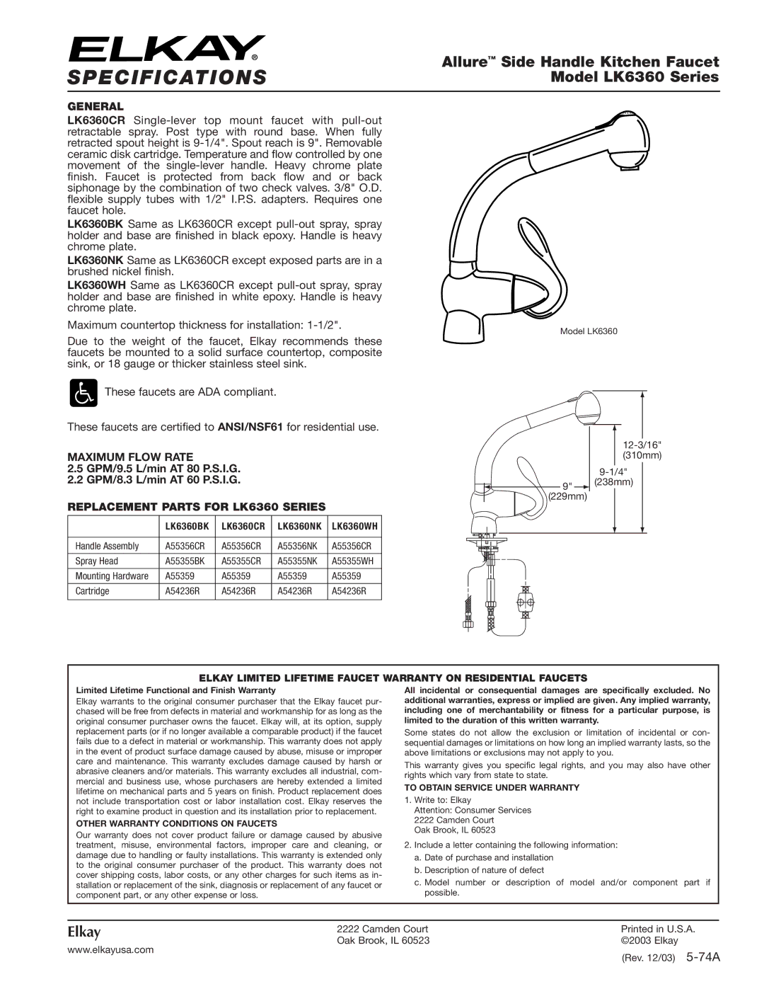 Elkay specifications Specifications, Allure Side Handle Kitchen Faucet, Model LK6360 Series, Elkay 