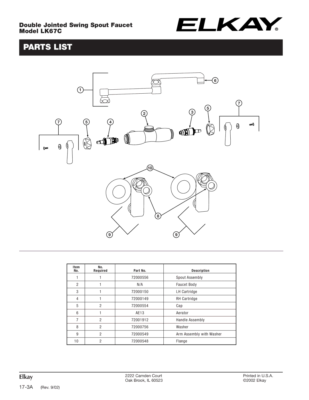 Elkay LK67C specifications Parts List 