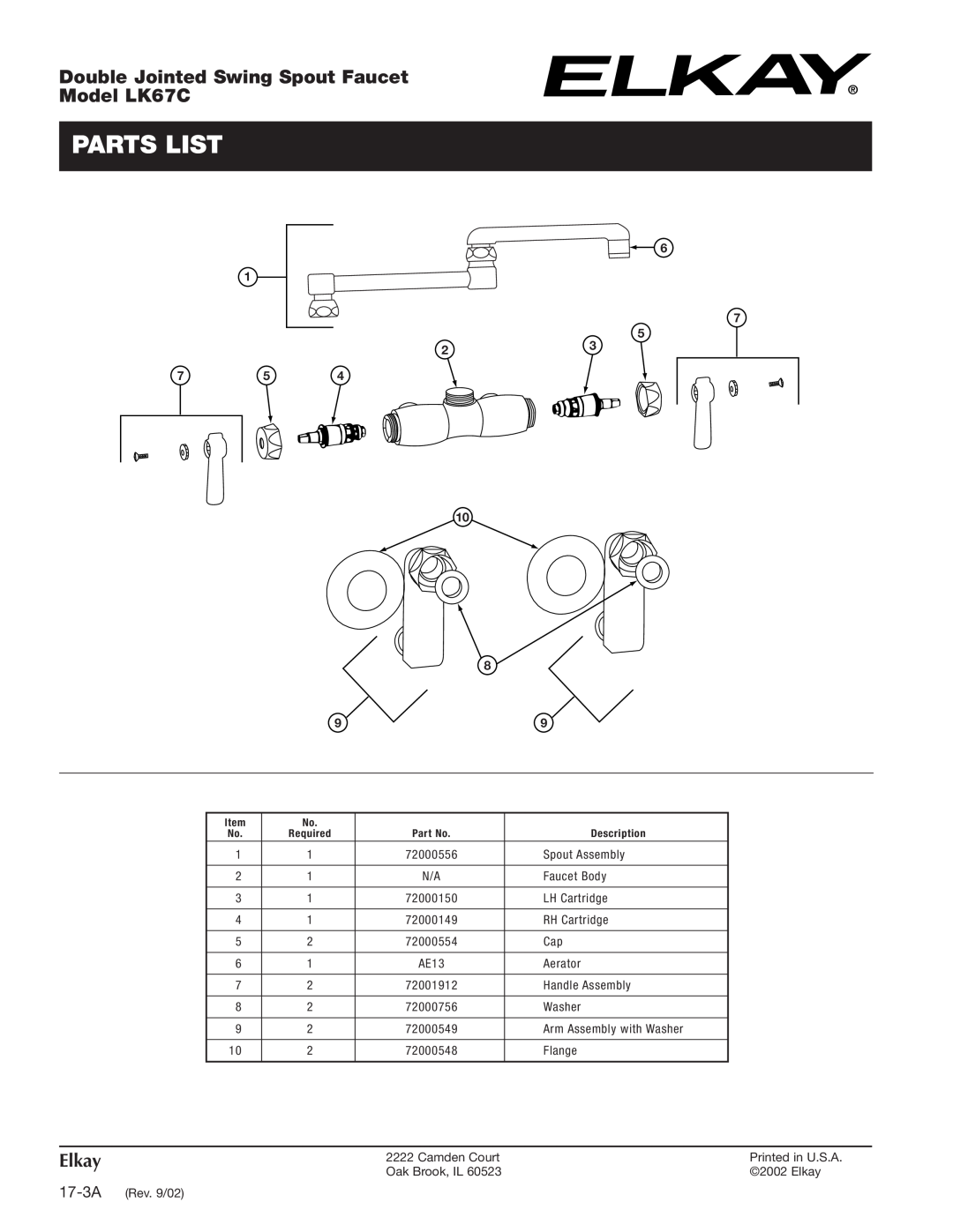 Elkay specifications Parts List, Double Jointed Swing Spout Faucet, Model LK67C, Elkay, 6 7 