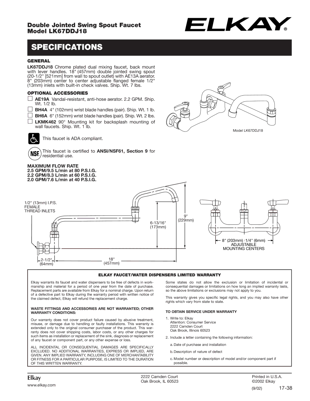 Elkay LK67DDJ18 specifications Specifications, General, Optional Accessories, Maximum Flow Rate 