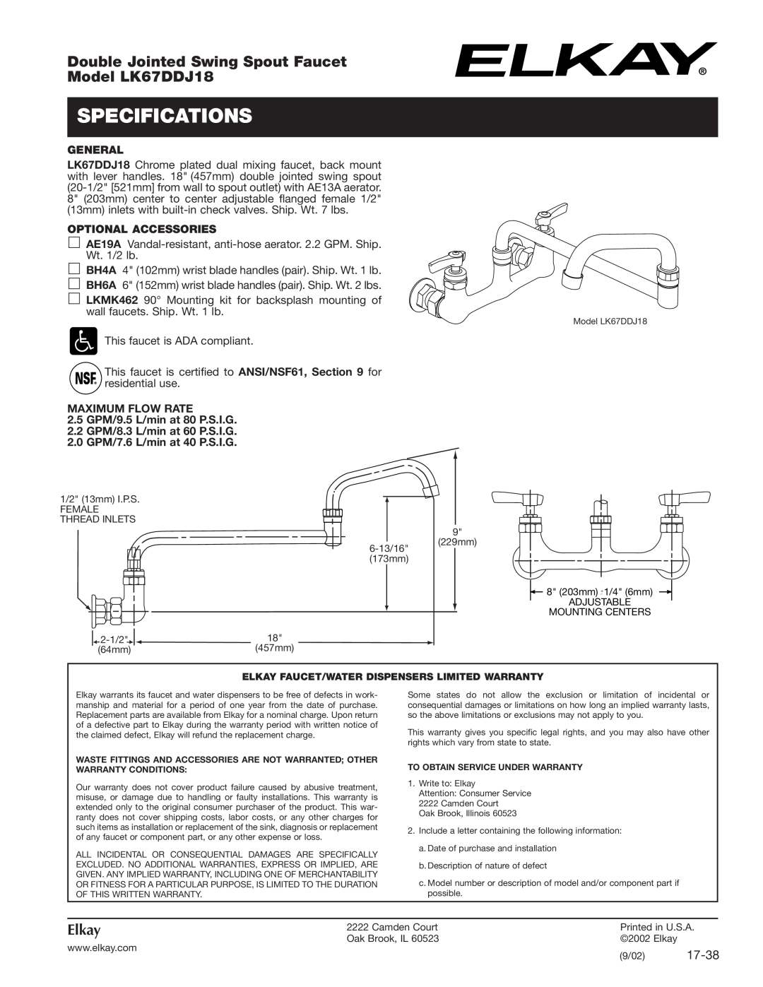 Elkay specifications Specifications, Double Jointed Swing Spout Faucet, Model LK67DDJ18, Elkay, 17-38, General 