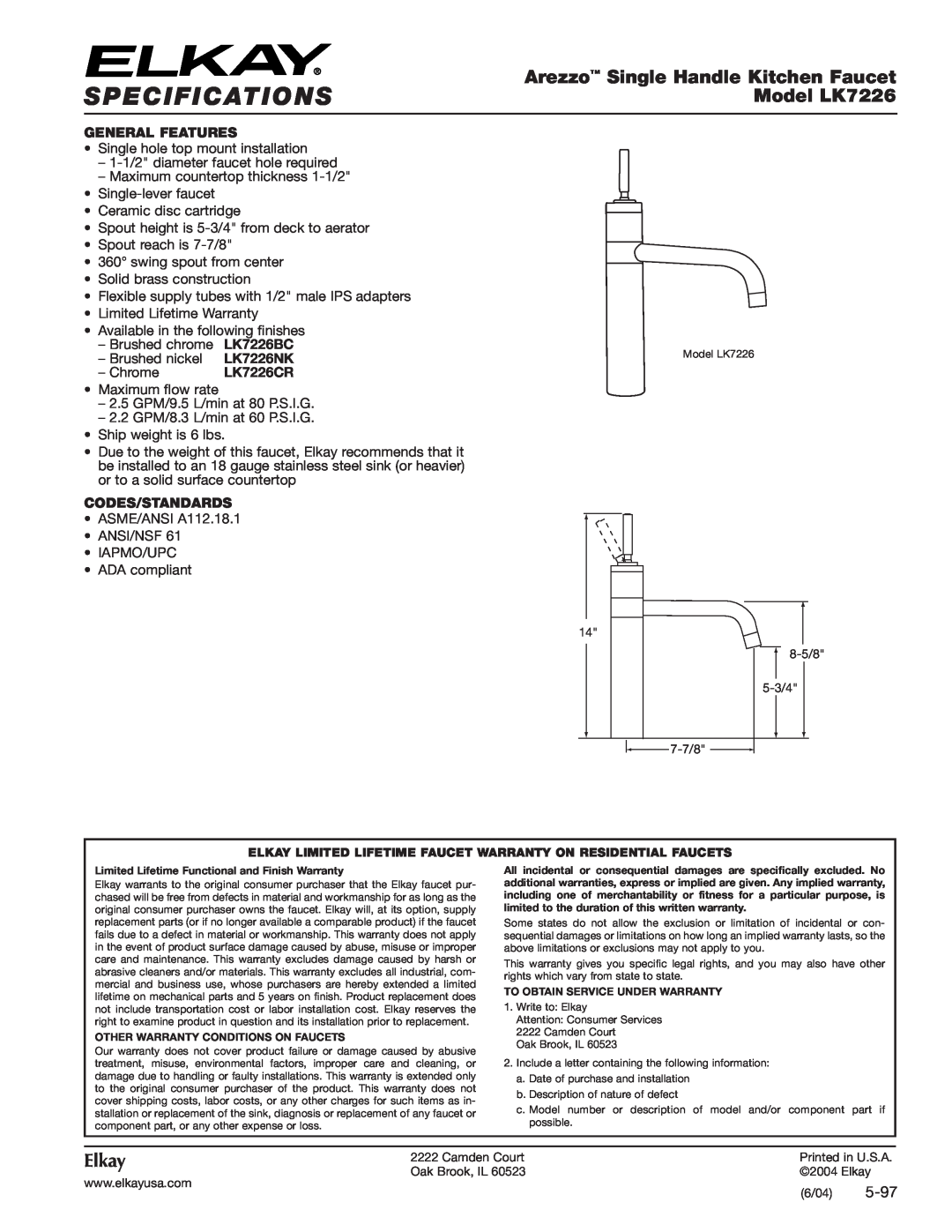 Elkay specifications Specifications, Arezzo Single Handle Kitchen Faucet, Model LK7226, Elkay, 5-97, General Features 