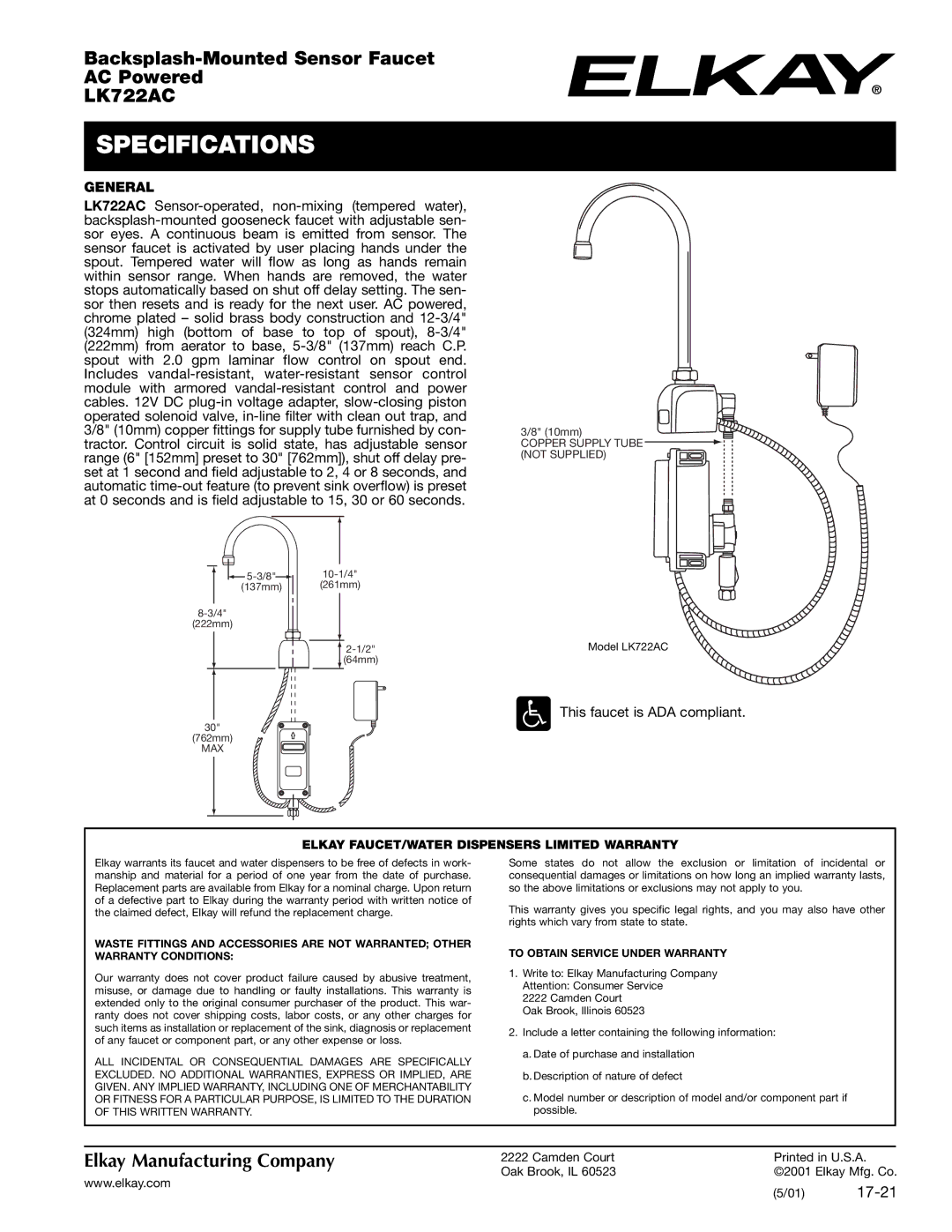 Elkay LK722AC specifications Specifications, General, This faucet is ADA compliant 