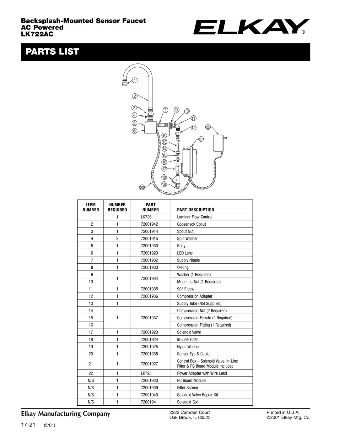 Elkay LK722AC specifications Parts List, Number Part Description 