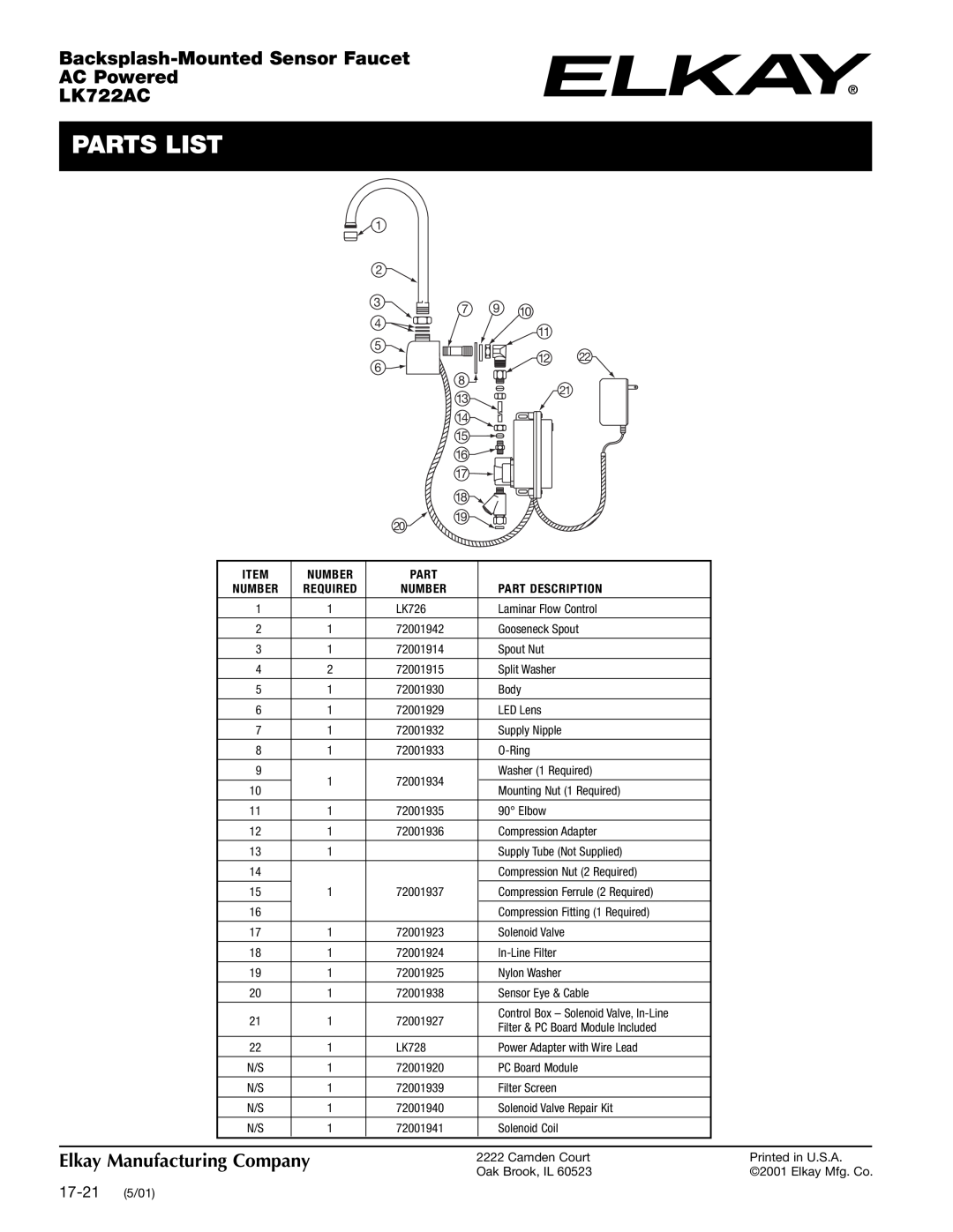 Elkay LK722AC specifications Parts List, 17-21 5/01, Number, Part Description, Backsplash-MountedSensor Faucet AC Powered 