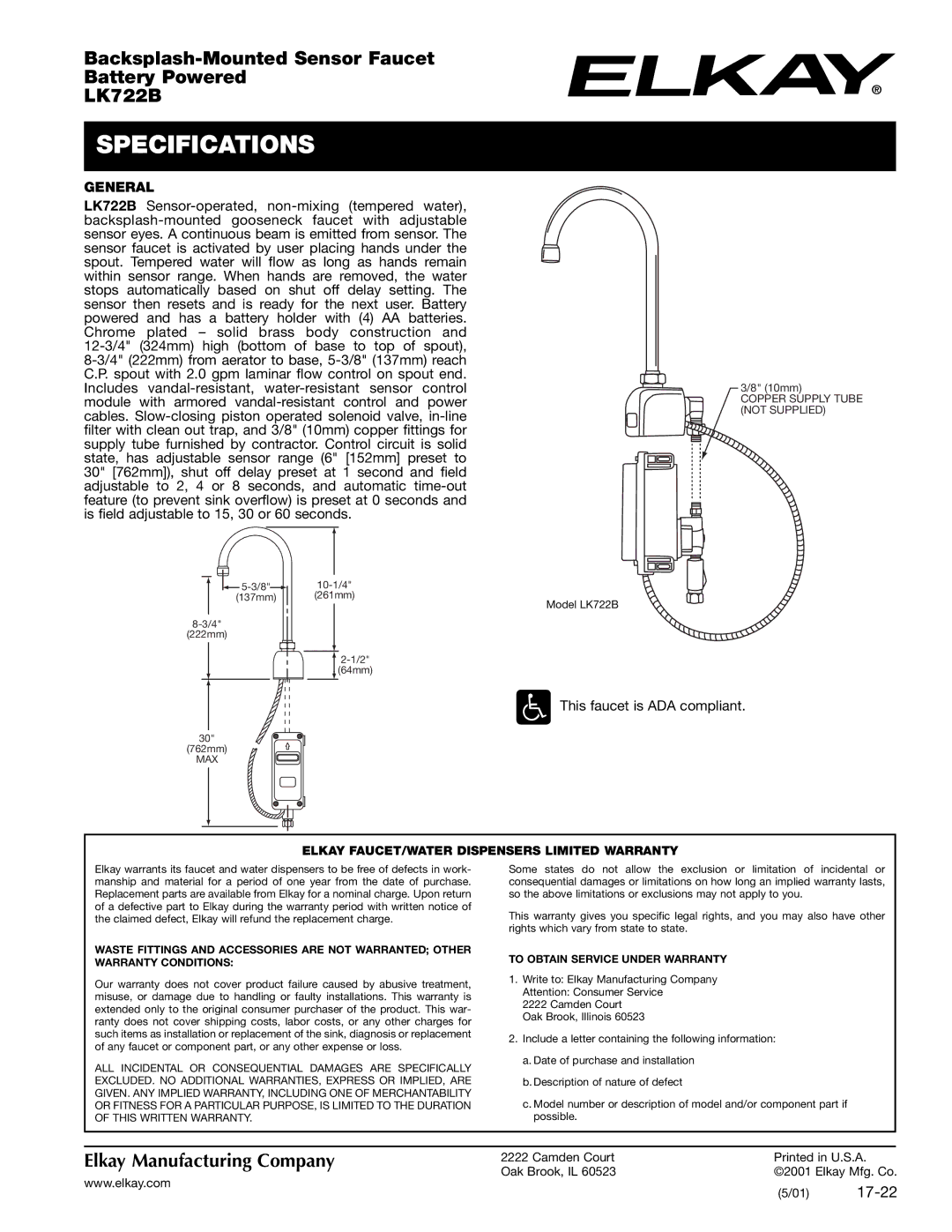 Elkay LK722B specifications Specifications, General, This faucet is ADA compliant 