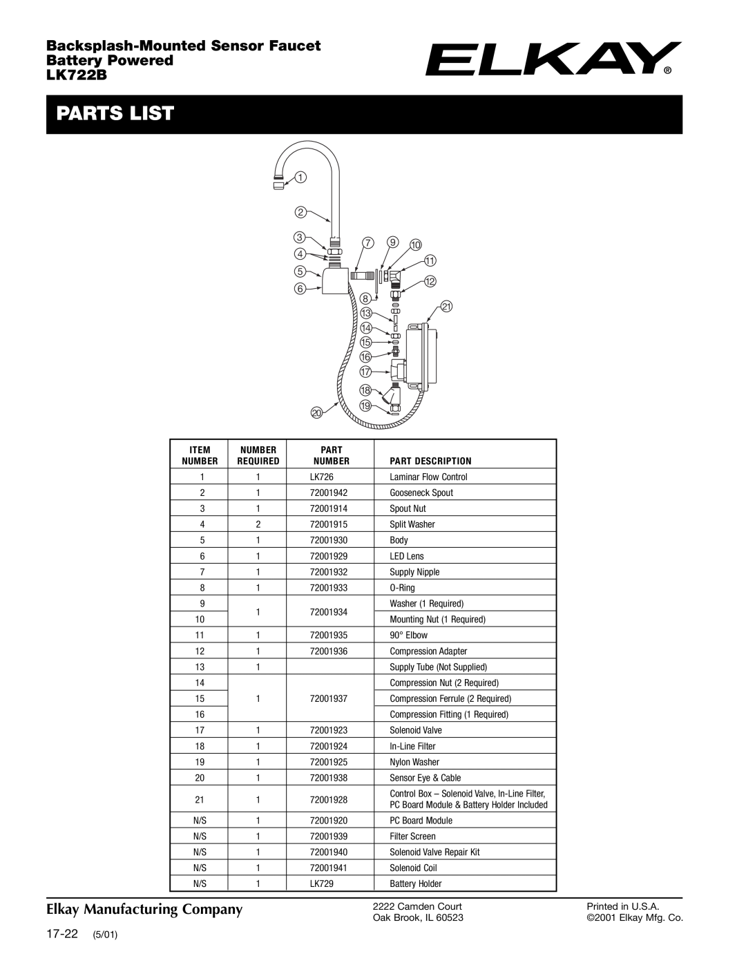 Elkay LK722B Parts List, 17-22 5/01, Backsplash-MountedSensor Faucet Battery Powered, Elkay Manufacturing Company, Number 