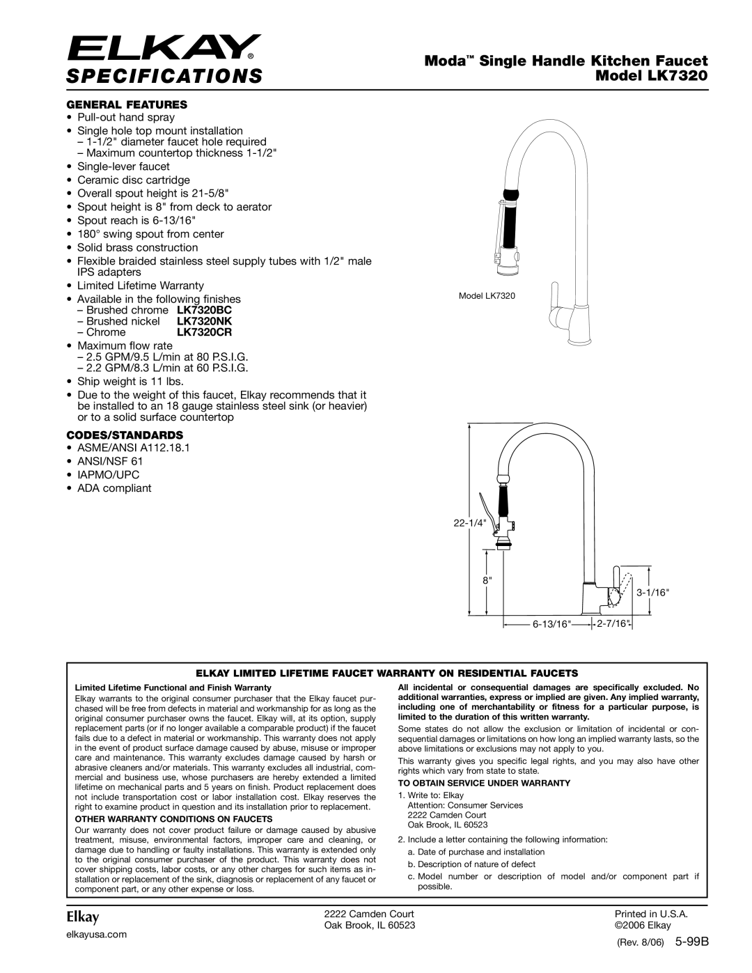 Elkay LK7320 specifications General Features, Codes/Standards, Other Warranty Conditions on Faucets 