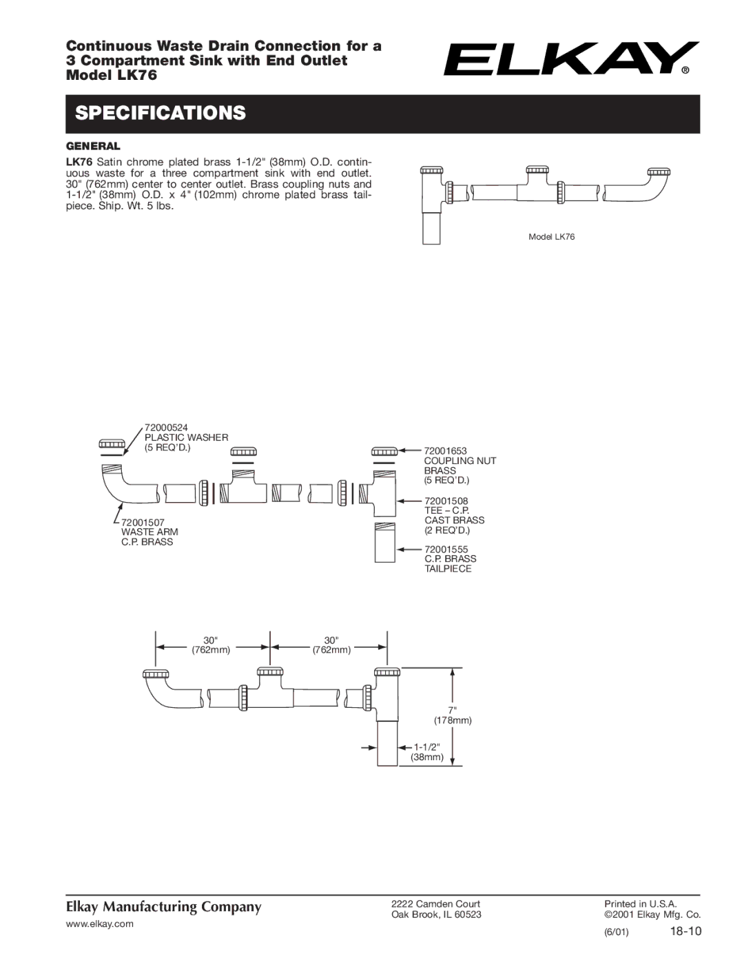 Elkay LK76 specifications Specifications, General 