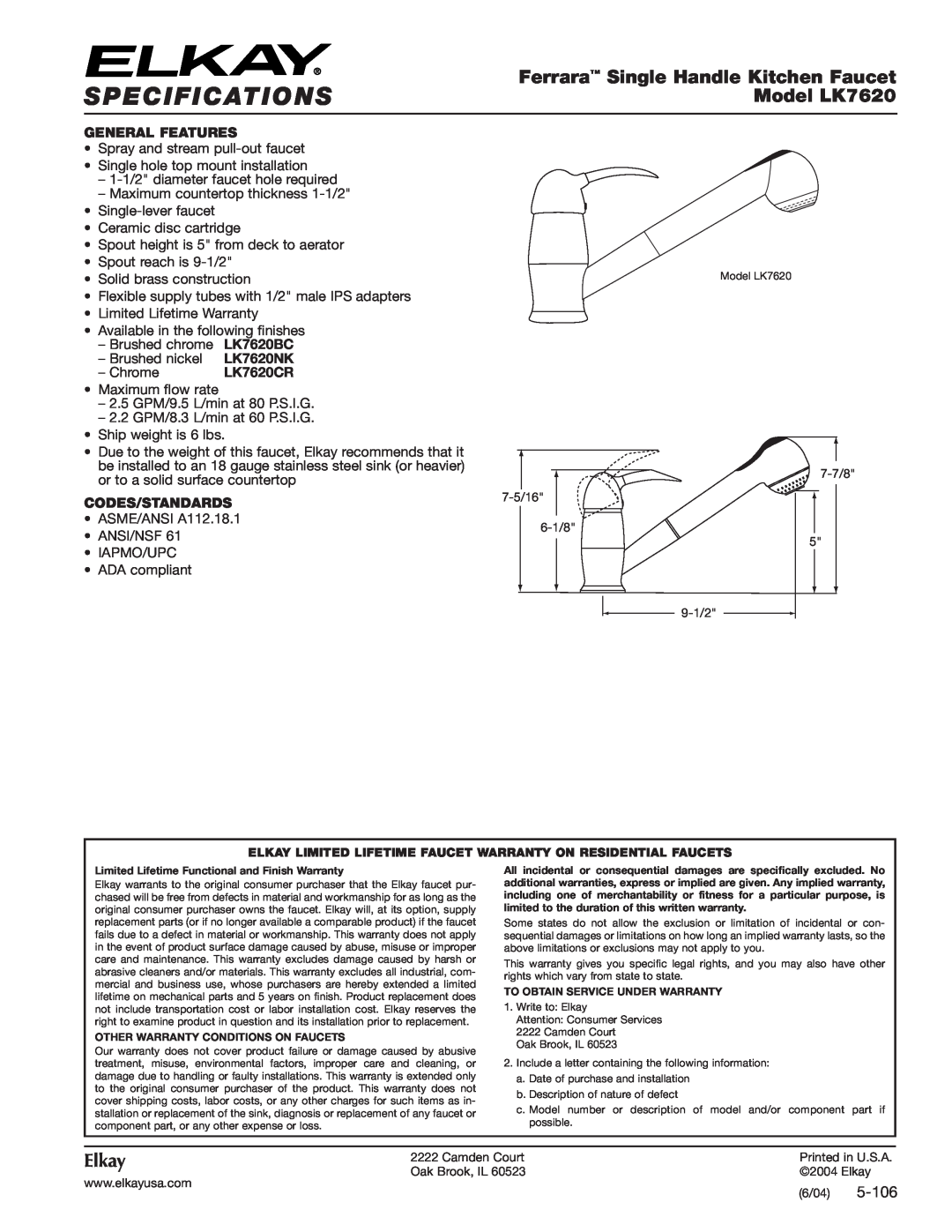 Elkay LK7620BC specifications Specifications, Ferrara Single Handle Kitchen Faucet, Model LK7620, Elkay, 5-106, LK7620NK 