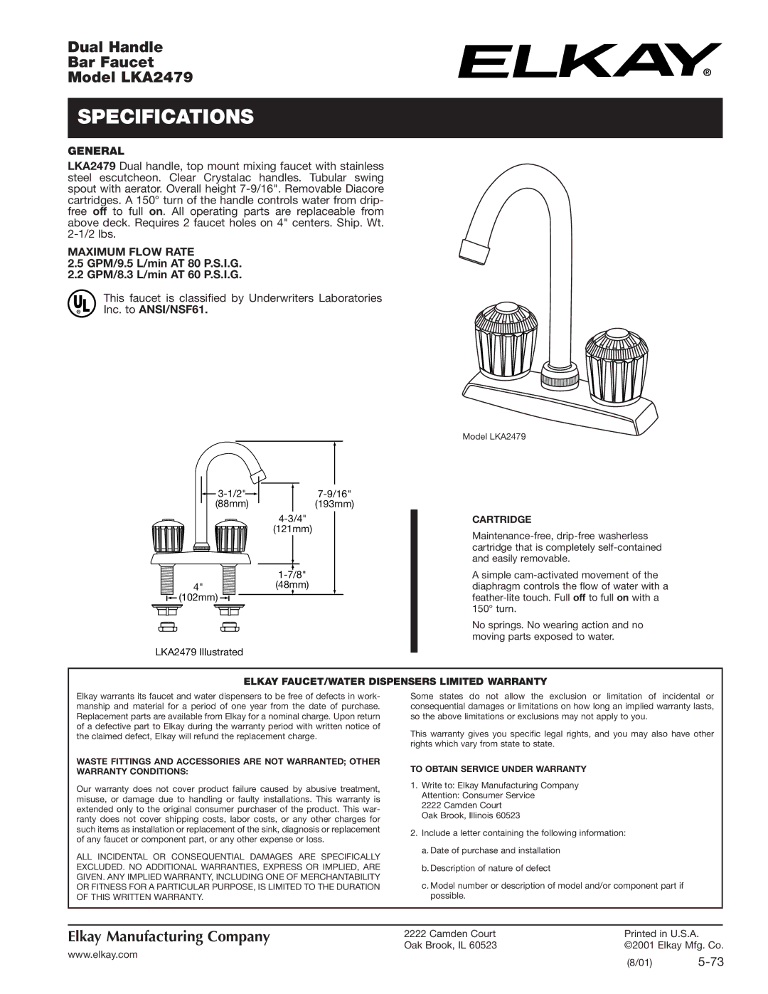 Elkay LKA2479 specifications Specifications, General, Maximum Flow Rate, Inc. to ANSI/NSF61 