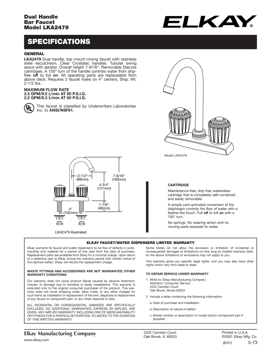 Elkay specifications Specifications, Dual Handle Bar Faucet Model LKA2479, Elkay Manufacturing Company, General, 5-73 