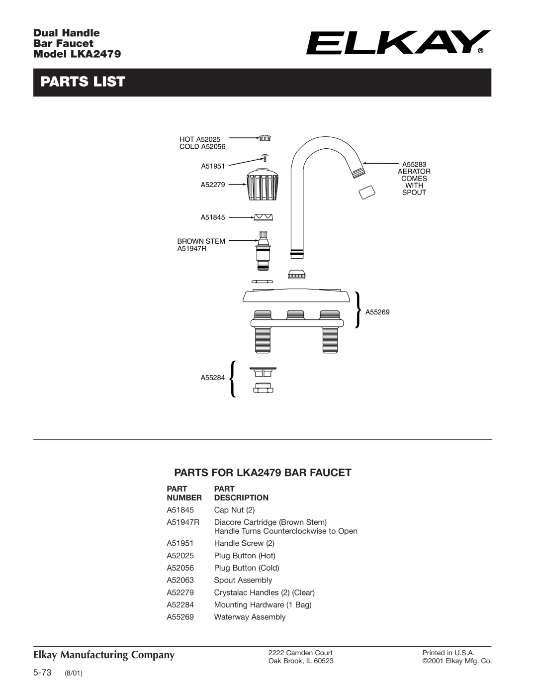 Elkay specifications Parts List, PARTS FOR LKA2479 BAR FAUCET, Number, Description, Dual Handle Bar Faucet Model LKA2479 