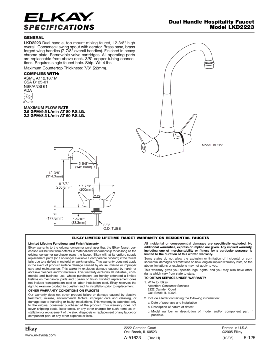 Elkay specifications Specifications, Dual Handle Hospitality Faucet, Model LKD2223, Elkay 