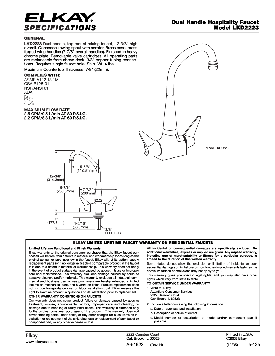 Elkay specifications Specifications, Dual Handle Hospitality Faucet, Model LKD2223, Elkay, A-51623 Rev. H, 5-125 