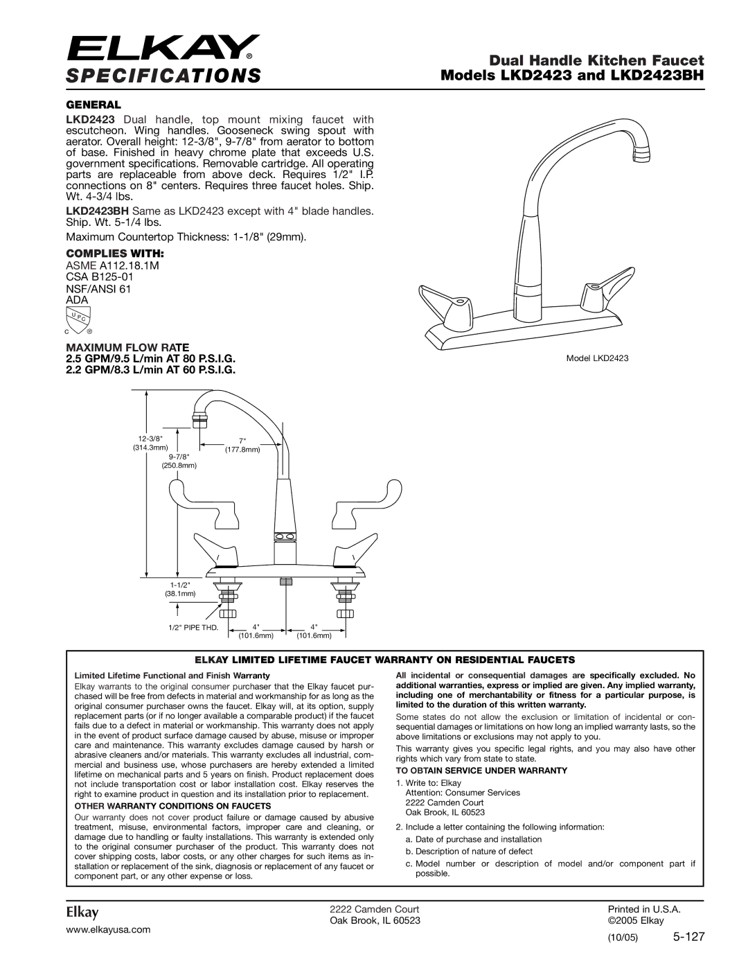 Elkay LKD2423BH specifications Specifications, General, Complies with, Maximum Flow Rate 