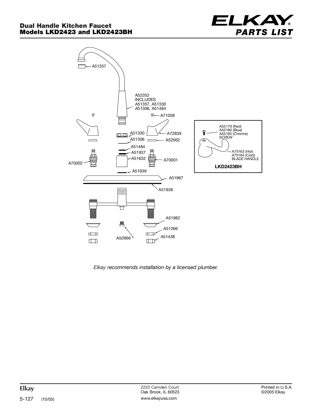 Elkay specifications Parts List, LKD2423BH 