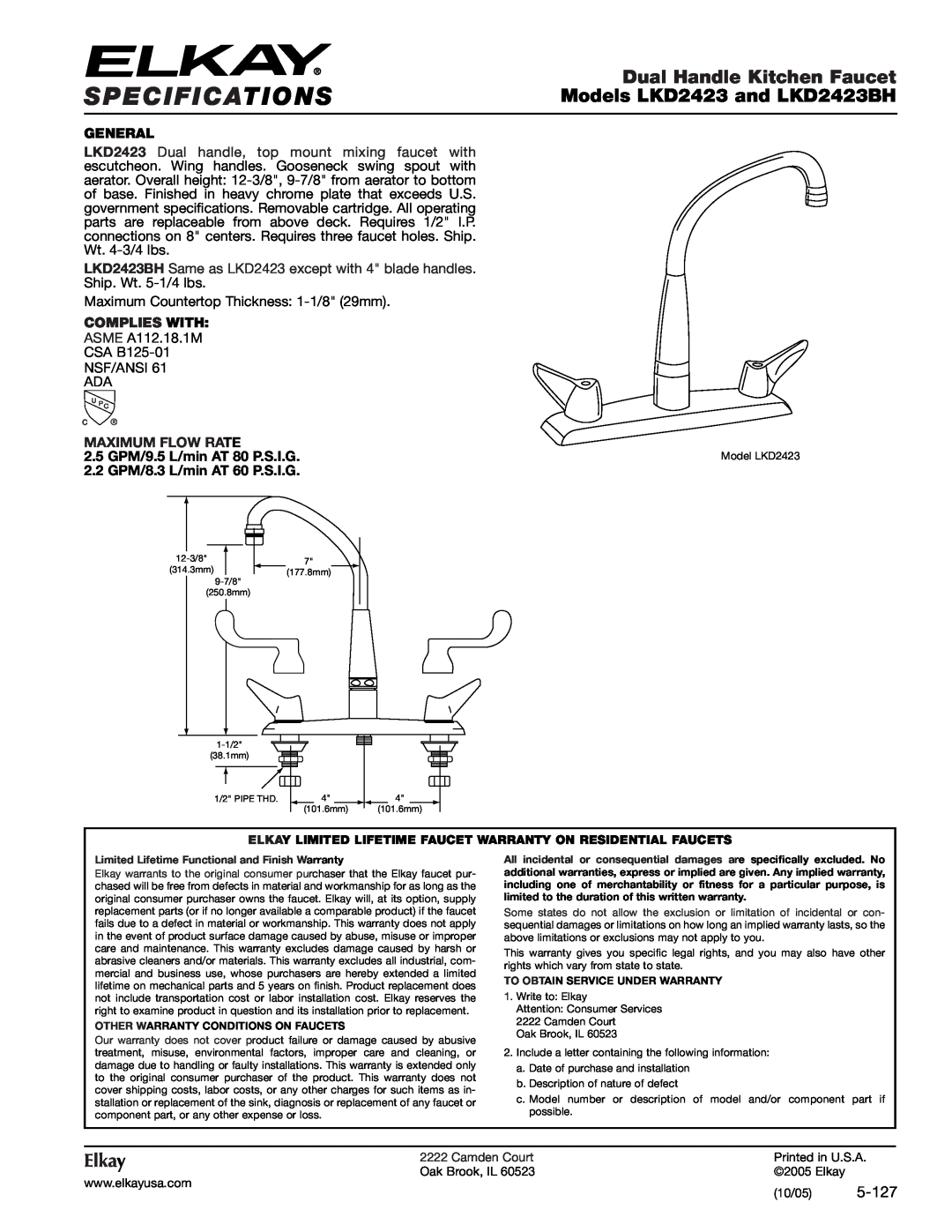 Elkay specifications Specifications, Dual Handle Kitchen Faucet, Models LKD2423 and LKD2423BH, Elkay, General, 5-127 