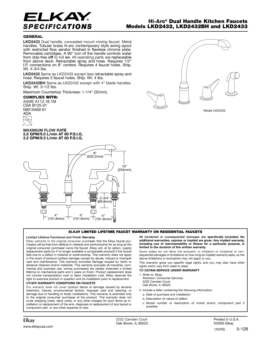 Elkay LKD2432BH, LKD2433 specifications Specifications, General, Complies with, Maximum Flow Rate 