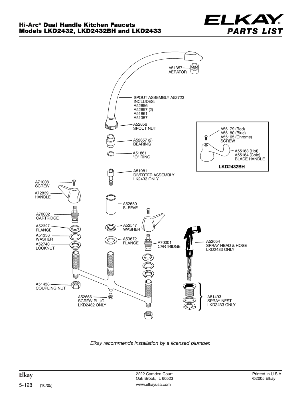 Elkay LKD2433 specifications Parts List, LKD2432BH 